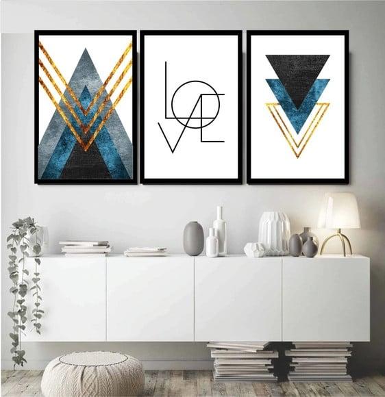 Kit 3 Quadros Decorativos Abstrato Azul Para Sala Moldura