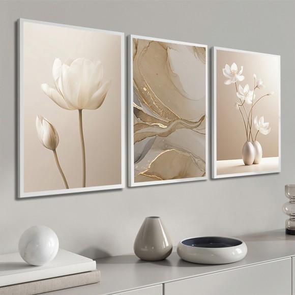 Kit 3 Quadros Decorativos Abstrato Bege Boho Flores Moldura