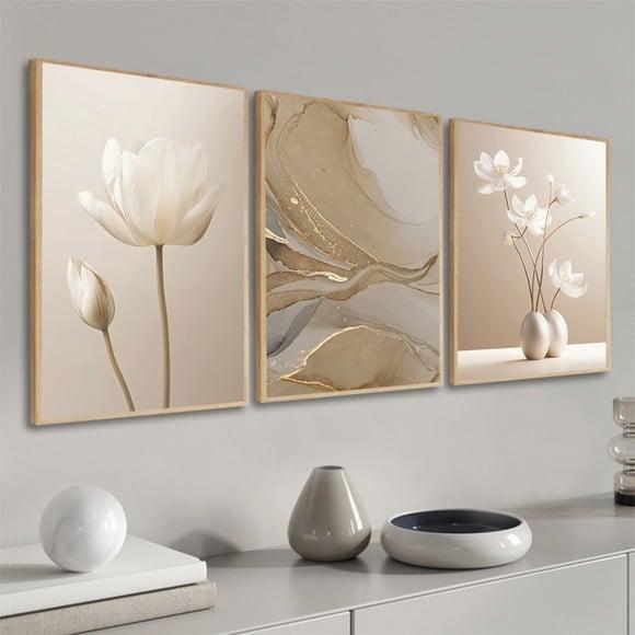 Kit 3 Quadros Decorativos Abstrato Boho Flores Bege Moldura