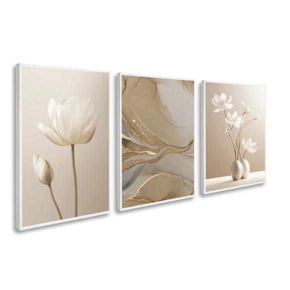 Kit 3 Quadros Decorativos Abstrato Bege Boho Flores Moldura