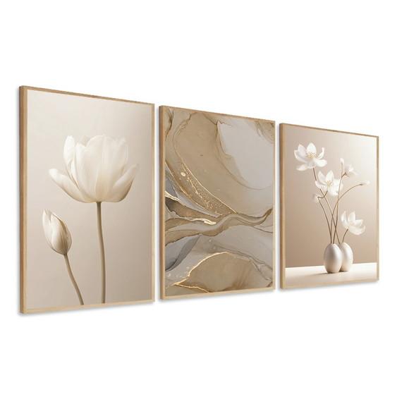 Kit 3 Quadros Decorativos Abstrato Boho Flores Bege Moldura