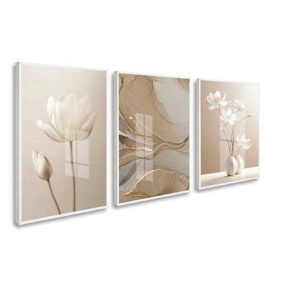 Kit 3 Quadros Decorativos Abstrato Boho Flores Bege Vidro