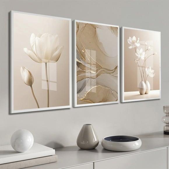 Kit 3 Quadros Decorativos Abstrato Boho Flores Bege Vidro