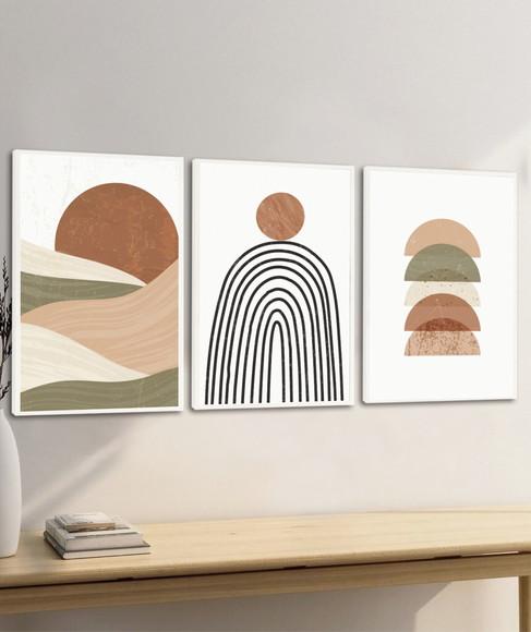 Kit 3 Quadros Decorativos Abstrato Boho Geométrico Moldura