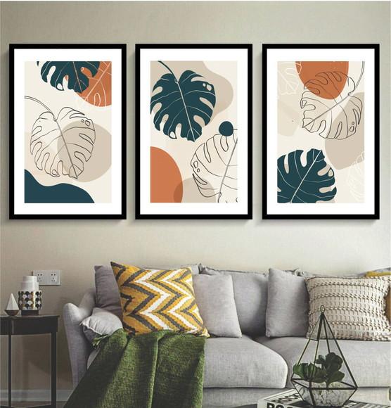 Kit 3 Quadros Decorativos Abstrato Desenho Folhagem Moldura