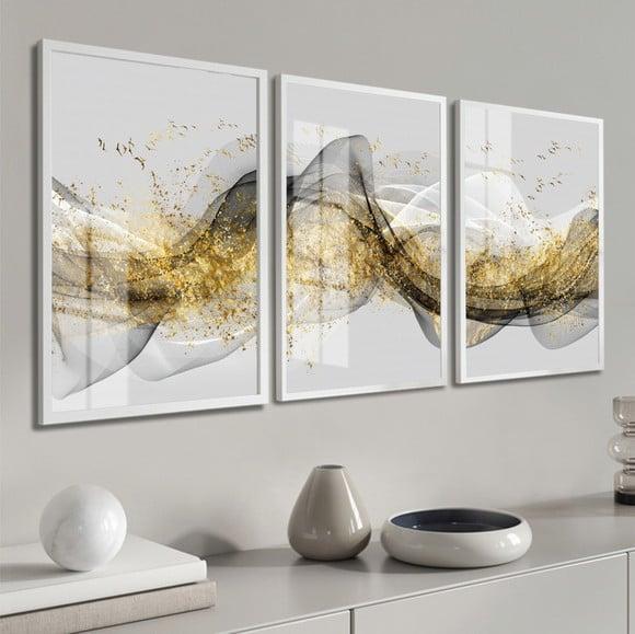 Kit 3 Quadros Decorativos Abstrato Dourado Moldura e Vidro