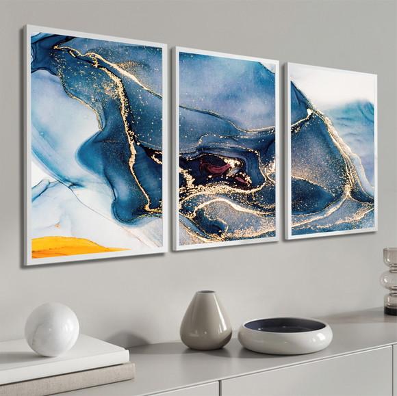Kit 3 Quadros Decorativos Abstrato Dourado Azul Com Moldura