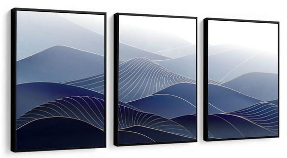 Kit 3 Quadros Decorativos Abstrato Dourado Onda Azul Moldura