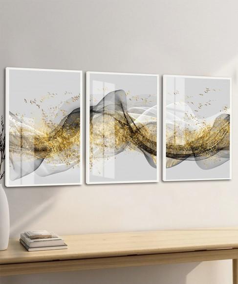 Kit 3 Quadros Decorativos Abstrato Dourado Moldura e Vidro