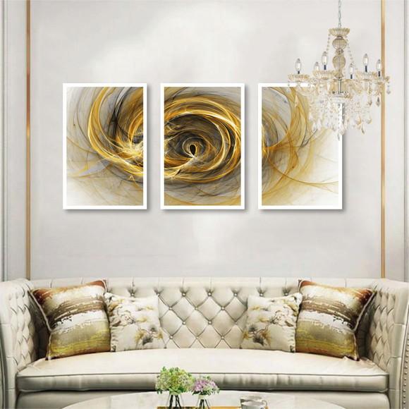 Kit 3 Quadros Decorativos Abstrato Dourado Para Sala Moldura