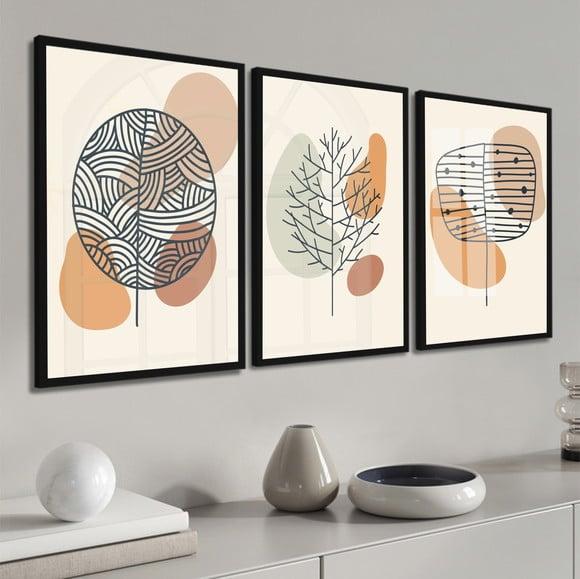 Kit 3 Quadros Decorativos Abstrato Flores Com Moldura Vidro