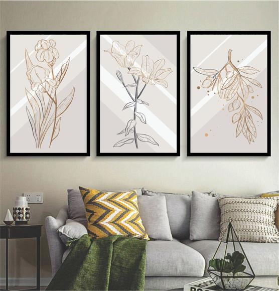 Kit 3 Quadros Decorativos Abstrato Flores Douradas Moldura