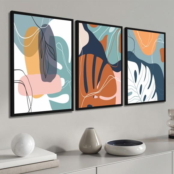 Kit 3 Quadros Decorativos Abstrato Flores Folhagem Moldura