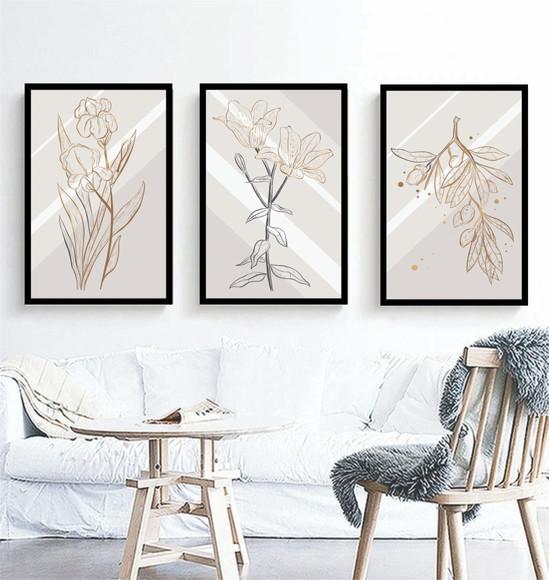 Kit 3 Quadros Decorativos Abstrato Flores Douradas Moldura