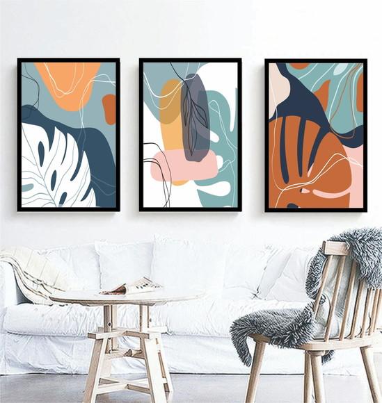 Kit 3 Quadros Decorativos Abstrato Flores Folhagem Moldura