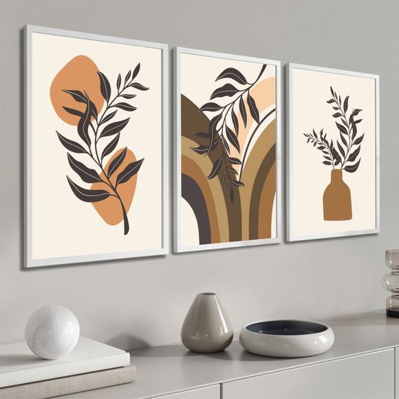 Kit 3 Quadros Decorativos Abstrato Folhagem Boho com Moldura