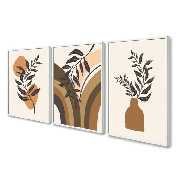 Kit 3 Quadros Decorativos Abstrato Folhagem Boho com Moldura