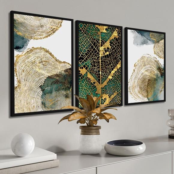 Kit 3 Quadros Decorativos Abstrato Folhagem Gold Com Moldura