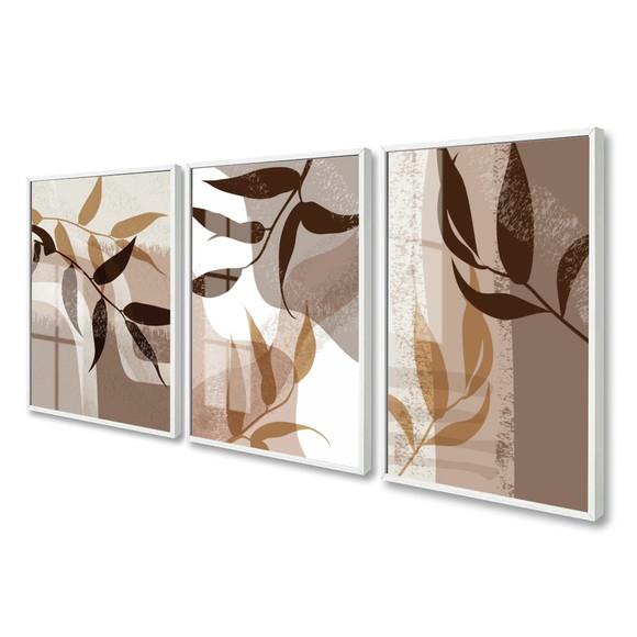 Kit 3 Quadros Decorativos Abstrato Folhagem Marrom com Vidro