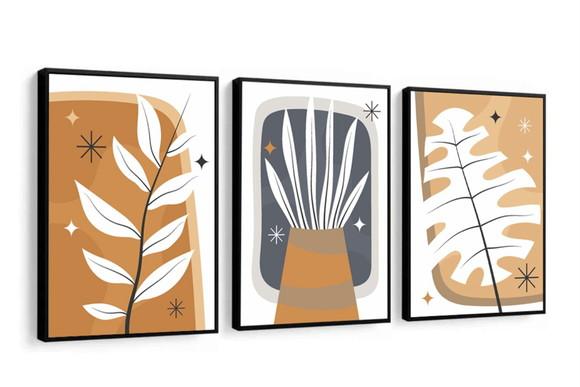 Kit 3 Quadros Decorativos Abstrato Folhagem Moderna Moldura