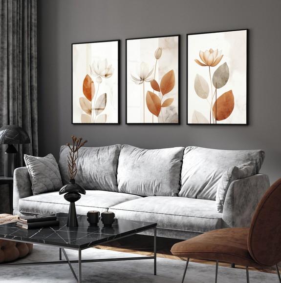 Kit 3 Quadros Decorativos Abstrato Folhagem Moderna Vidro
