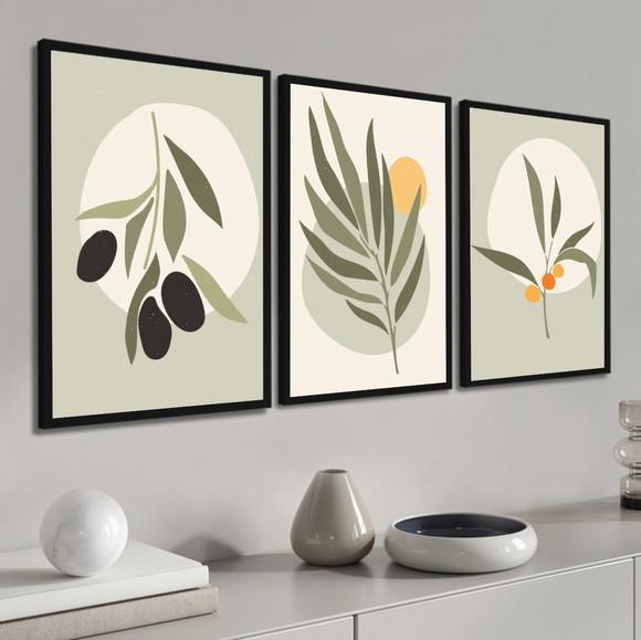 Kit 3 Quadros Decorativos Abstrato Folhagem Verde Moldura