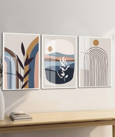 Kit 3 Quadros Decorativos Abstrato Folhas Azul Moderno Vidro