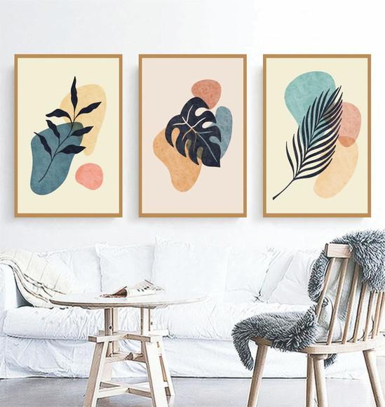 Kit 3 Quadros Decorativos Abstrato Folhas para Sala Molduras
