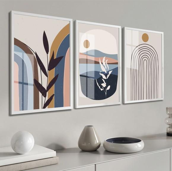 Kit 3 Quadros Decorativos Abstrato Folhas Azul Moderno Vidro