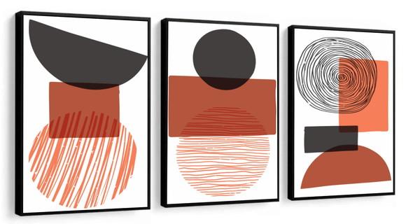 Kit 3 Quadros Decorativos Abstrato Forma Geométrica Moldura