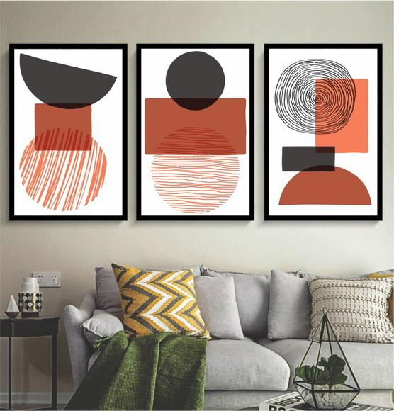 Kit 3 Quadros Decorativos Abstrato Forma Geométrica Moldura