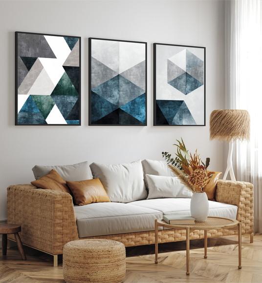Kit 3 Quadros Decorativos Abstrato Geométrico Azul Moldura