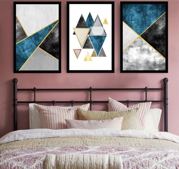 Kit 3 Quadros Decorativos Abstrato Geométrico Azul Moldura