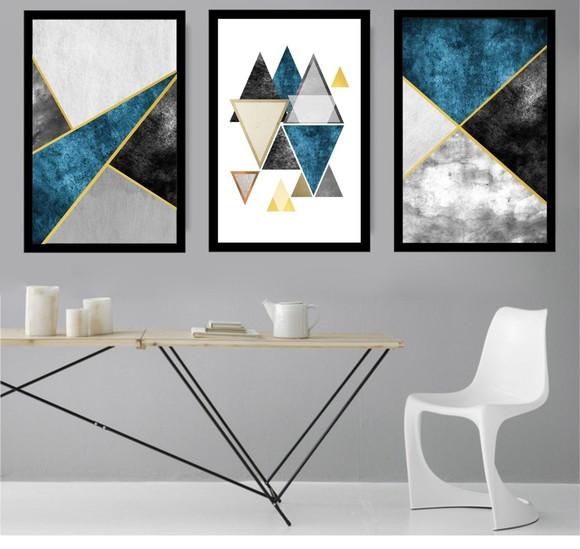 Kit 3 Quadros Decorativos Abstrato Geométrico Azul Moldura