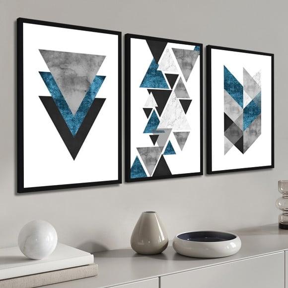Kit 3 Quadros Decorativos Abstrato Geométrico Azul Molduras