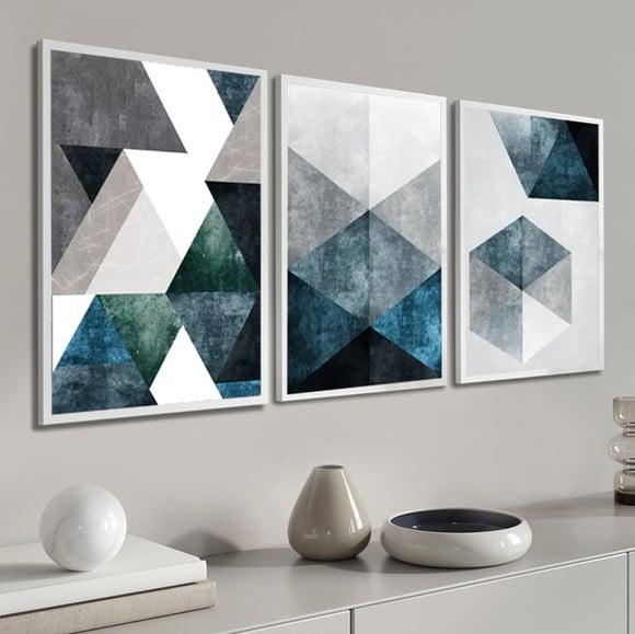 Kit 3 Quadros Decorativos Abstrato Geométrico Azul Molduras
