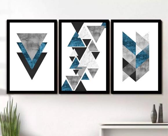 Kit 3 Quadros Decorativos Abstrato Geométrico Azul Molduras