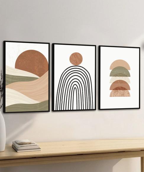 Kit 3 Quadros Decorativos Abstrato Geométrico Boho Moldura