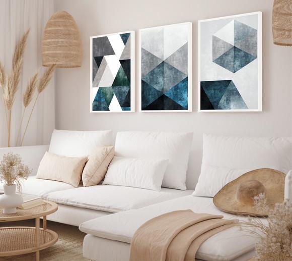 Kit 3 Quadros Decorativos Abstrato Geométrico Azul Para Sala