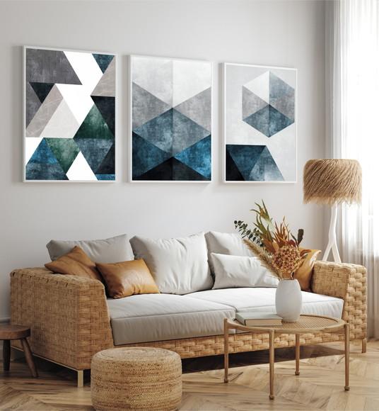 Kit 3 Quadros Decorativos Abstrato Geométrico Azul Para Sala