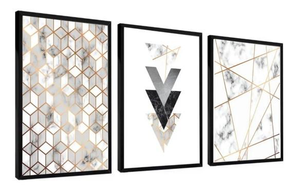 Kit 3 Quadros Decorativos Abstrato Geométrico Sala Molduras