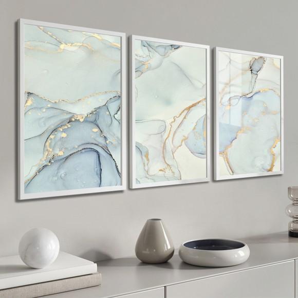 Kit 3 Quadros Decorativos Abstrato Gold Azul Moldura e Vidro