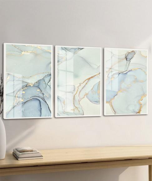 Kit 3 Quadros Decorativos Abstrato Gold Azul Moldura e Vidro