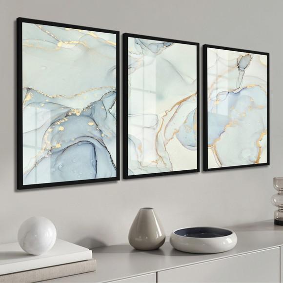 Kit 3 Quadros Decorativos Abstrato Gold Azul Moldura e Vidro