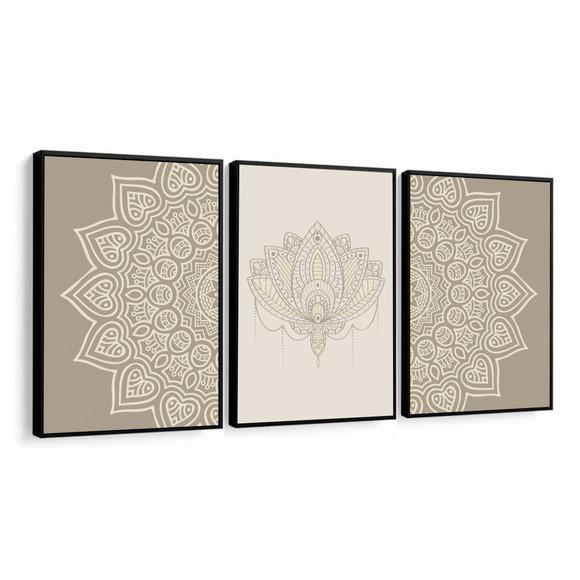 Kit 3 Quadros Decorativos Abstrato Mandala Bege Com Moldura