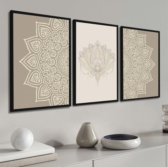 Kit 3 Quadros Decorativos Abstrato Mandala Bege Com Moldura