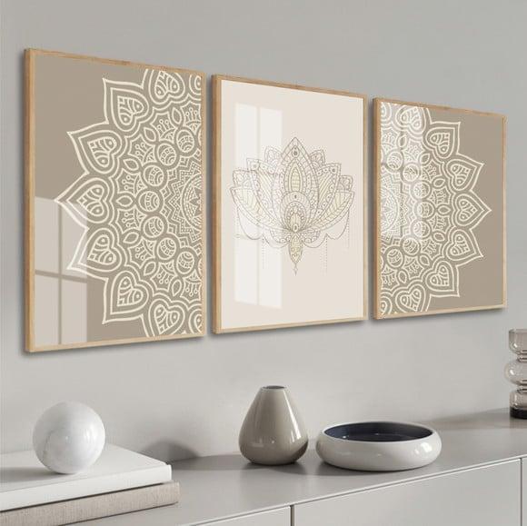 Kit 3 Quadros Decorativos Abstrato Mandala Com Moldura Vidro