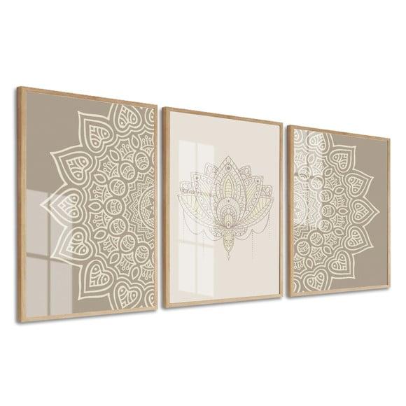 Kit 3 Quadros Decorativos Abstrato Mandala Com Moldura Vidro