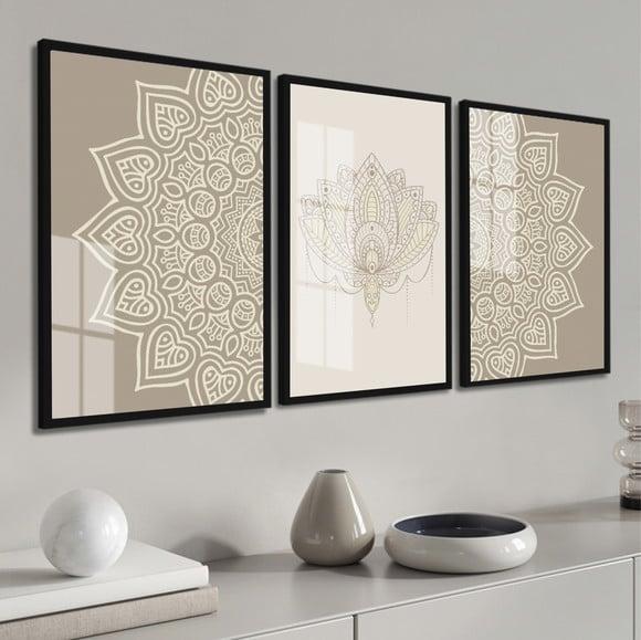 Kit 3 Quadros Decorativos Abstrato Mandala Moldura E Vidro