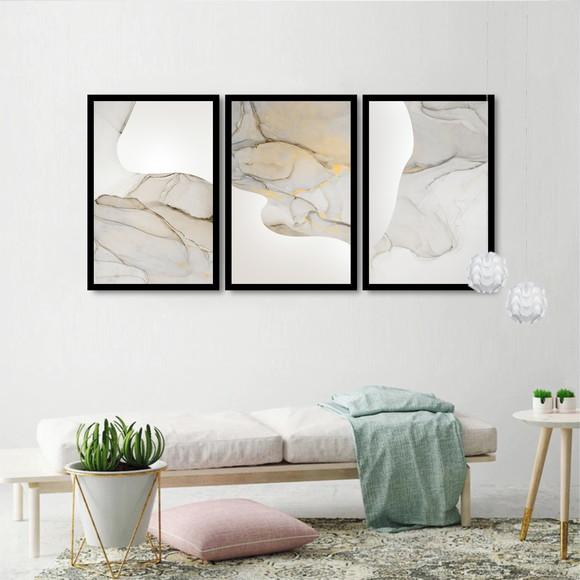 Kit 3 Quadros Decorativos Abstrato Mármore Moderno Moldura